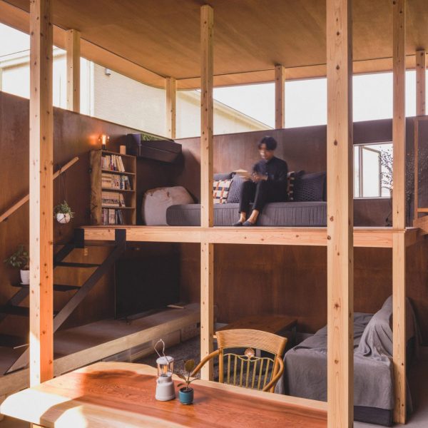 Interior of Japanese house with timber pillars