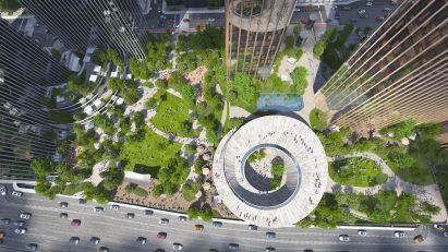 A birds eye view of the top of a spiraling building