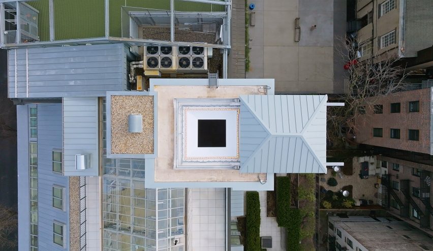 Aerial view of metallic building