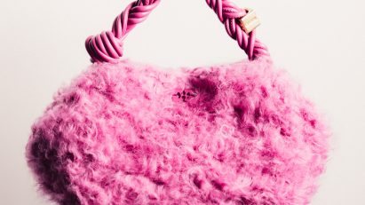 Bou bag by Ganni made using plant-based BioFluff fake fur in pink
