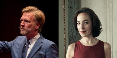 A split-screen image of Gemini Laboratory judges Mark Foster Gage and curator and Pamela Golbin