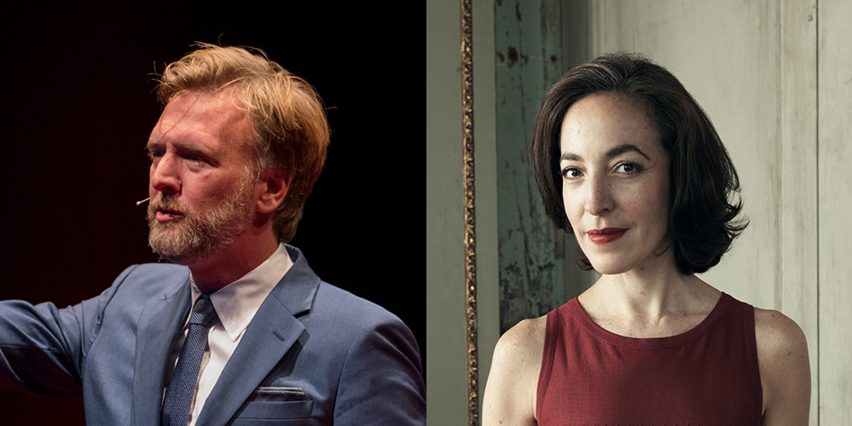 A split-screen image of Gemini Laboratory judges Mark Foster Gage and curator and Pamela Golbin