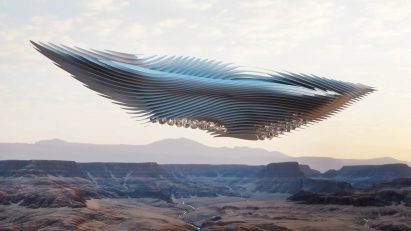 Amorphous object floating above landscape