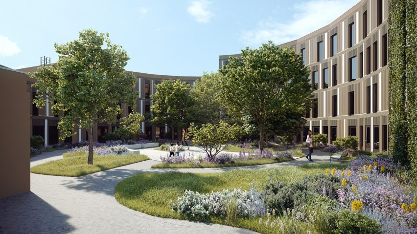 A court yard at the centre of curved buildings