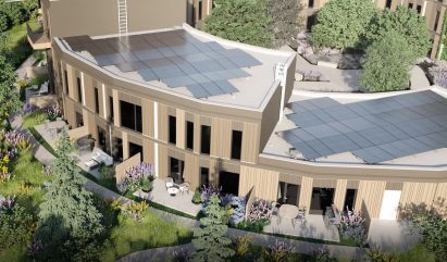 A building with tiered roof topped with solar panels