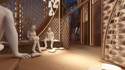 People sitting in a temple with pillows