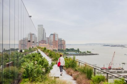 Person walking on elevated pathway
