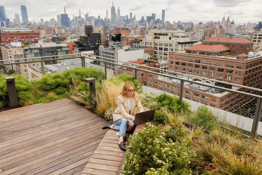 Person working on laptop on terrace