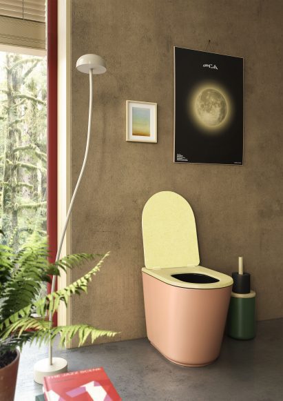 Pink version of Luna composting toilet by Harvest Moon pictured in a bathroom visualisation