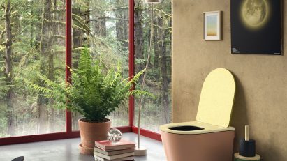 Pink version of Luna composting toilet by Harvest Moon pictured in a bathroom visualisation
