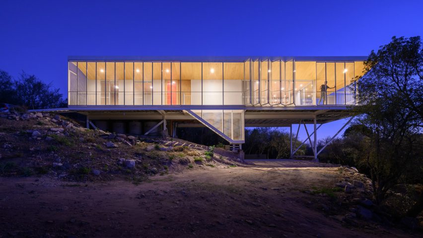 Linear house at nightime