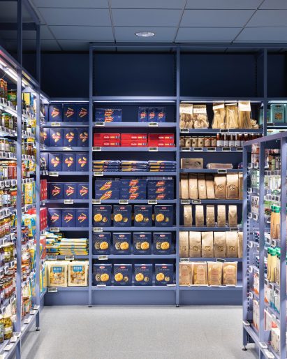 Blue shelves in Swedish supermarket