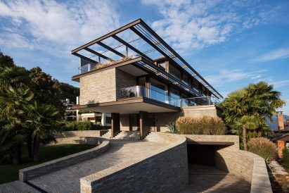 Exterior of rectilinear cantilevered house by Küchel Architects in Switzerland