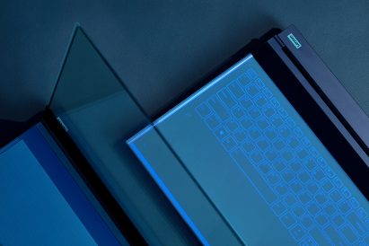 Overhead view of glass base and transparent screen on Lenovo's ThinkBook Transparent Display Laptop Concept aka Project Crystal