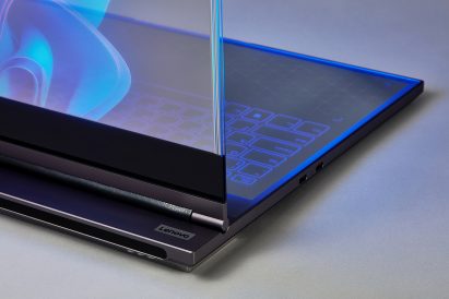 Back view of transparent laptop screen on a glass base
