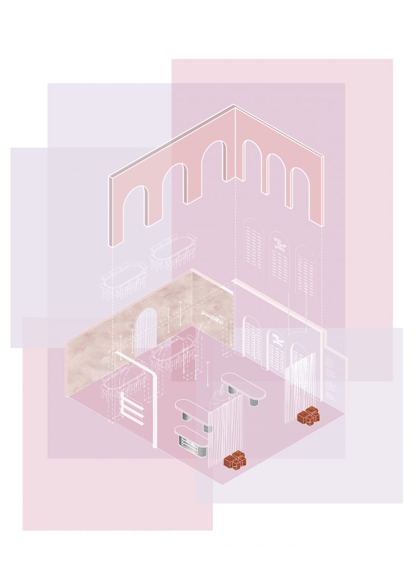 An architecture drawing in pink tones