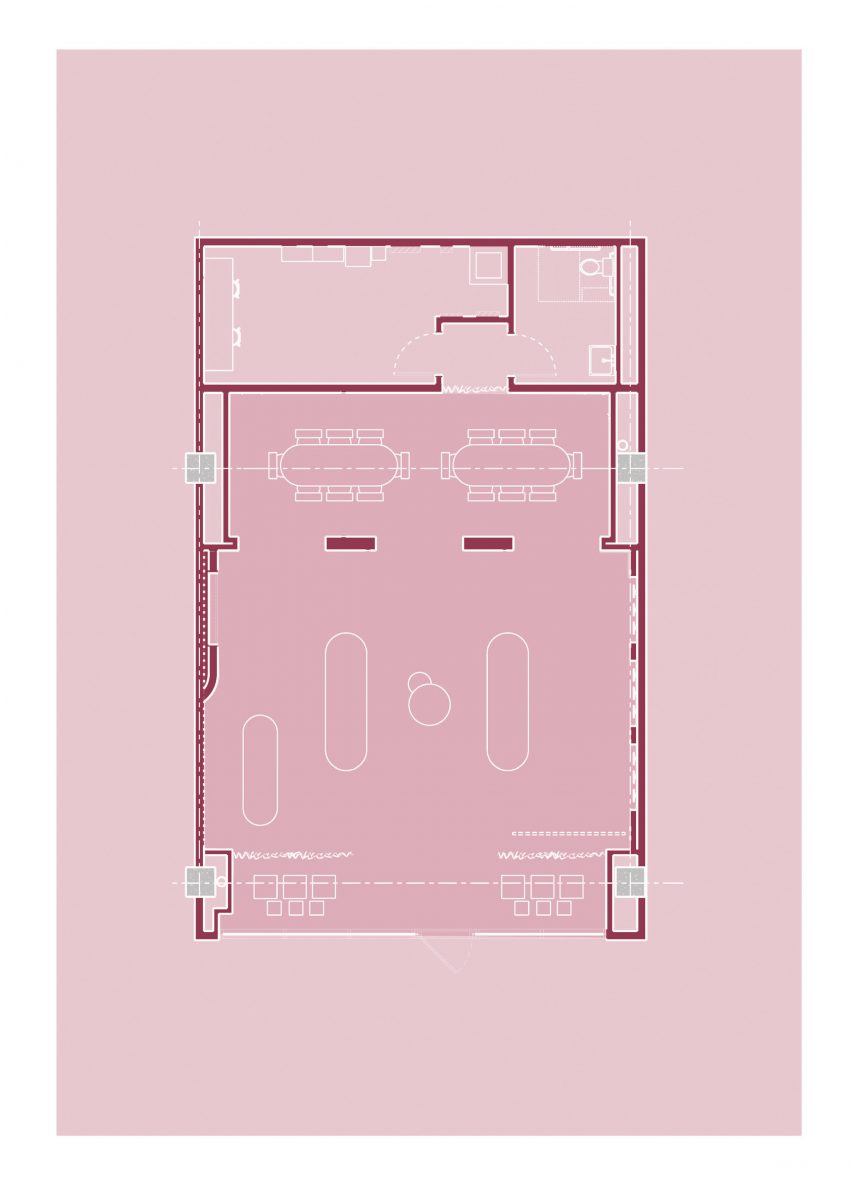 An architecture drawing in pink tones
