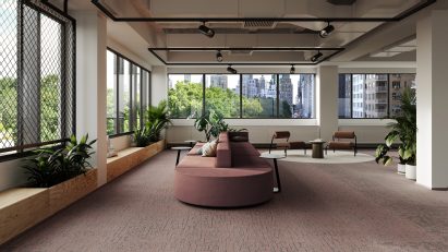 Interior with dusky burgundy carpet tiles