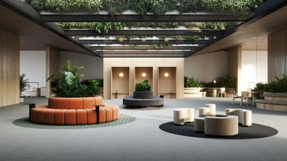Interior with grey, green and black carpet tiles