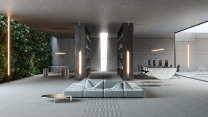 Interior with blue-grey carpet tiles