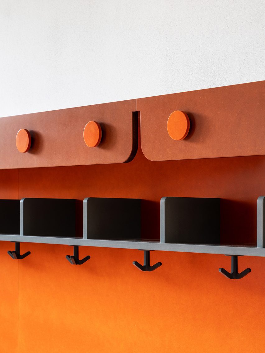 Kindergarten furniture detail featuring hangers