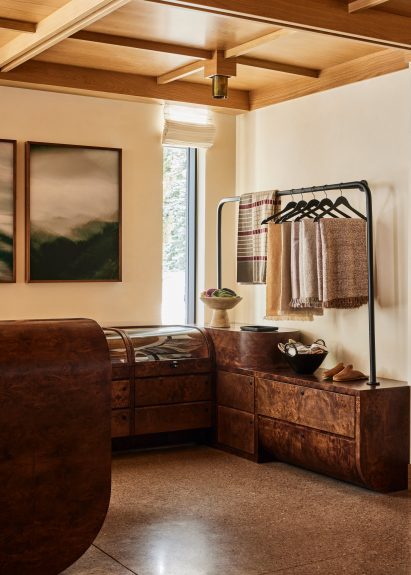 Burl wood counters and displays in a retail space