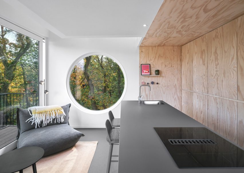 holiday home compact interior with an open plan small kitchen and living room