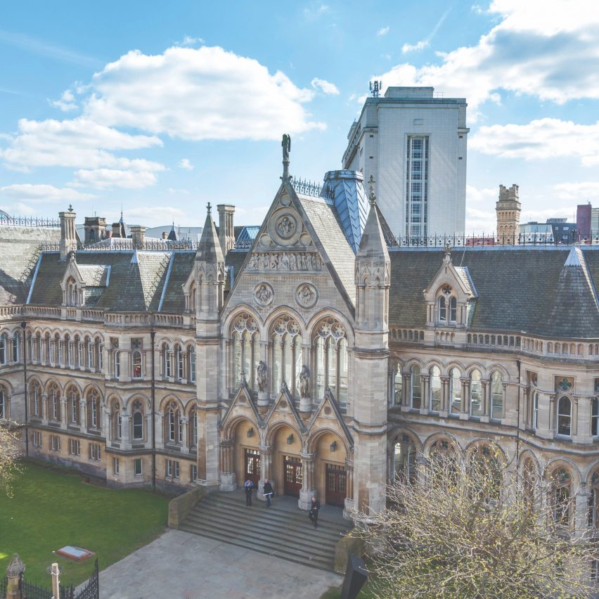 Exterior of university building in aerial view