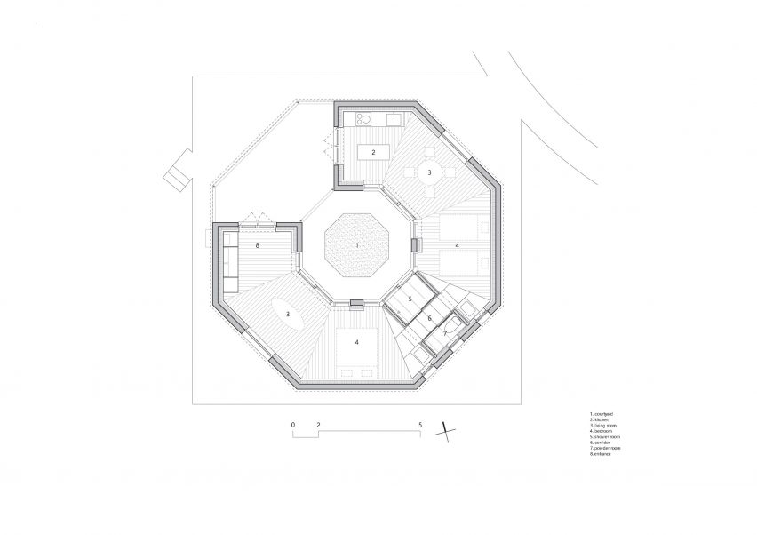 Floor plan of the octagonal house at Hoji Gangneung by AOA Architect