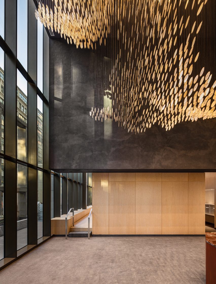 A lobby space with sculptural element