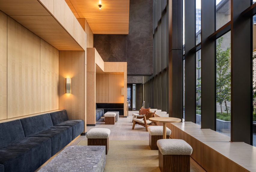 Lobby of building with double height space