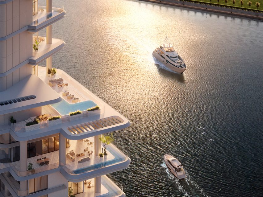 Skyscraper with terraces overlooking a bay in Dubai