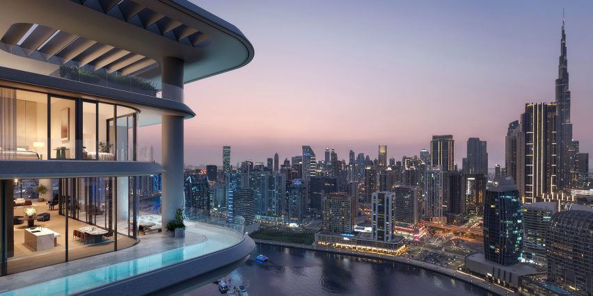 Skyscraper terraces with L-shaped pool by Foster + Partners