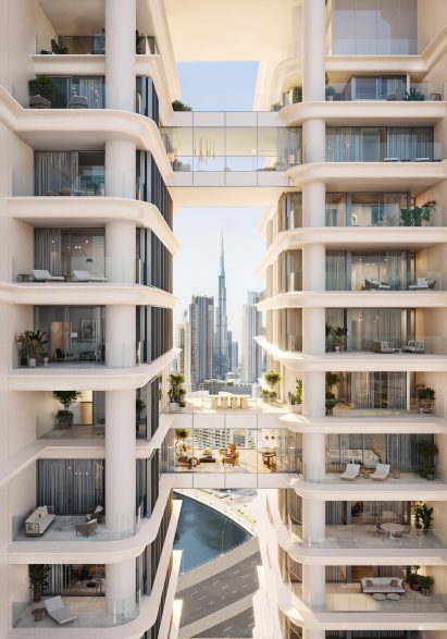 Sky bridges connecting the Vela Viento towers in Dubai by Foster + Partners