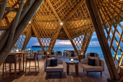 Interior seating area of Overwater Restaurant in the Maldives