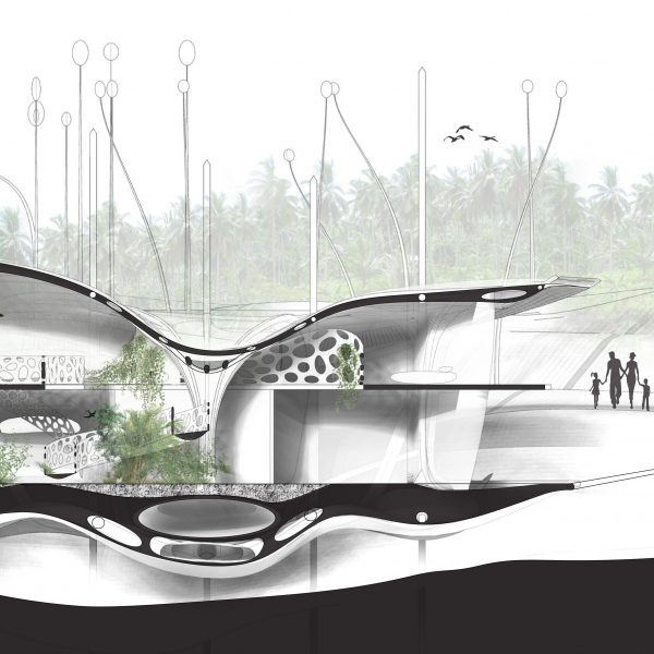 sectional drawing of organic building with vegetation