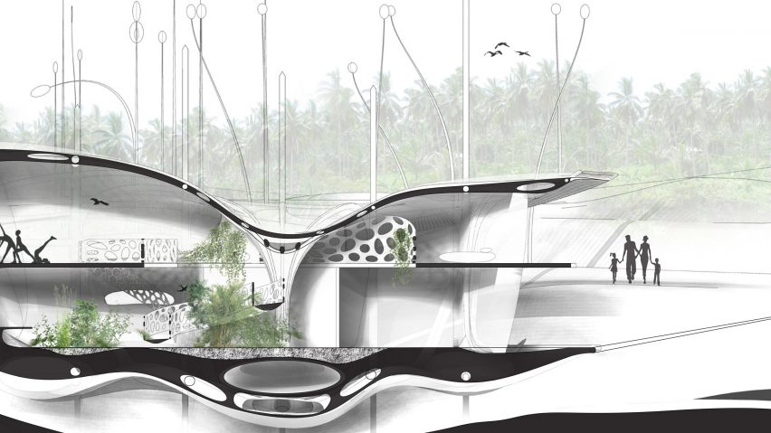 sectional drawing of organic building with vegetation