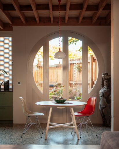 Dining room with exposed timber ceiling