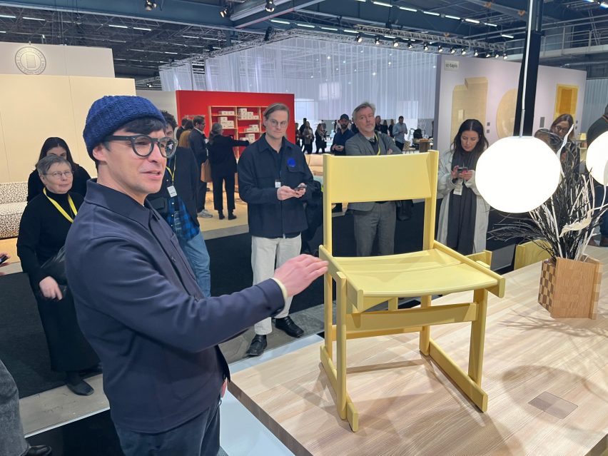 Designer Marco Campardo explaining his new Bullnose Chair for HEM, made using varying lengths of the same bullnose-cut timber profiles