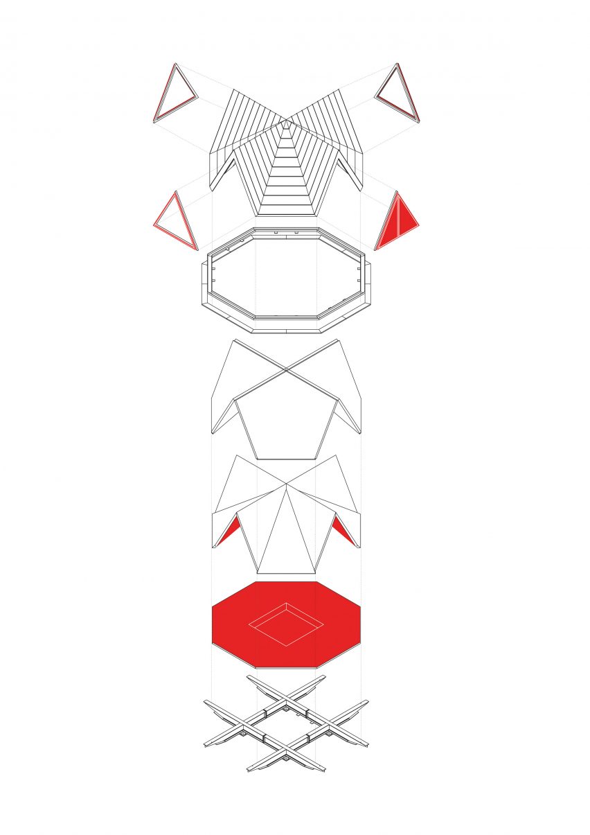 Exploded axo of Pinwheel shelter in the Italian Alps by EX