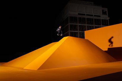 Skateboarded on bright neon ramp