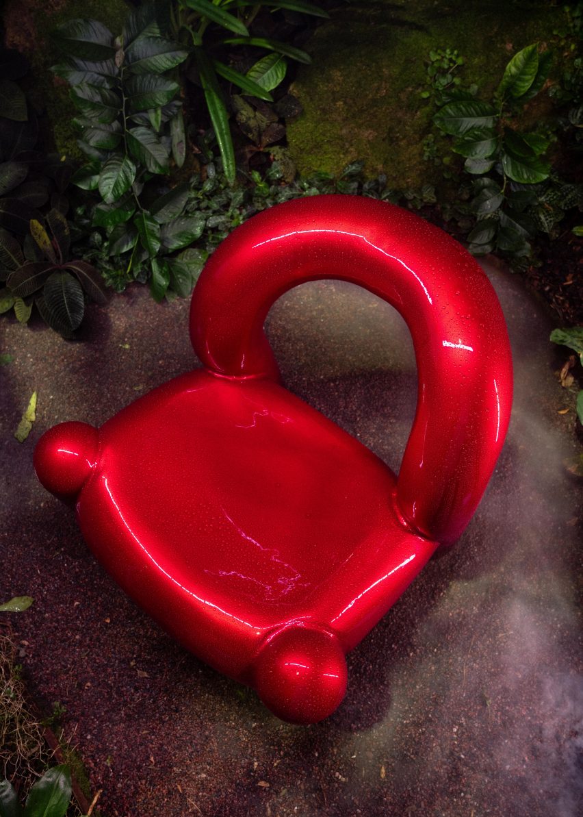 Aerial view of red Reality chair designed in virtual reality by Alexander Lervik and Gustav Winsth
