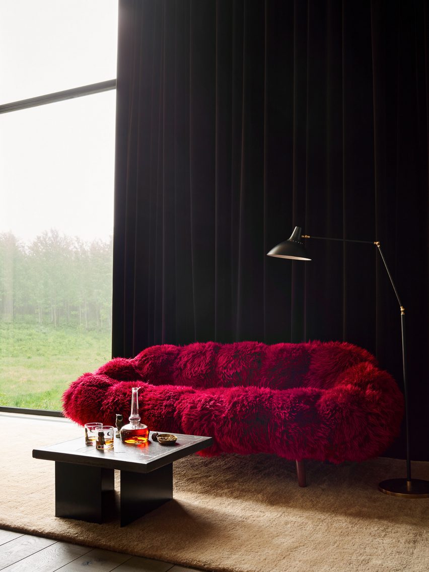 Living room with red couch