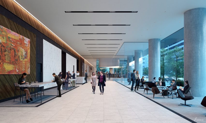 The interior of a skyscraper lobby