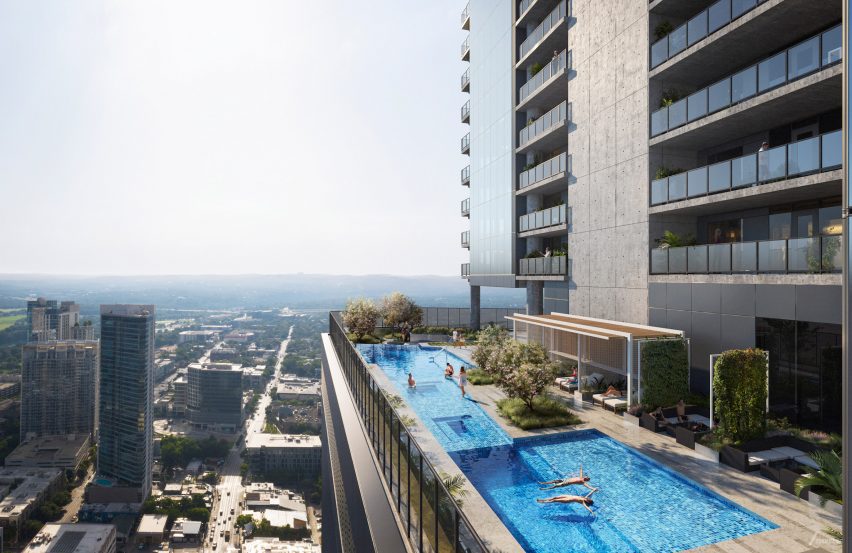 A rendering of a pool deck on top level of skyscraper