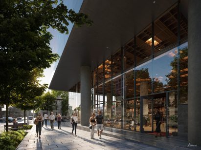 Rendering of a ground-level plaza