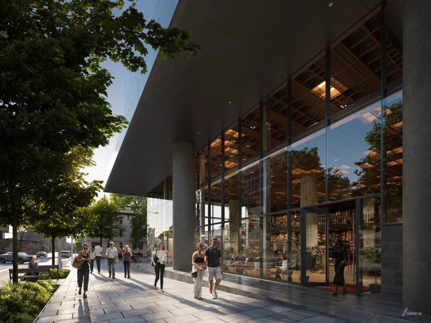 Rendering of a ground-level plaza