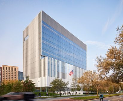 White aluminium fins on government building
