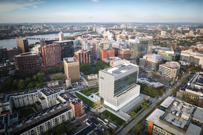White aluminium building with Boston urban aerial