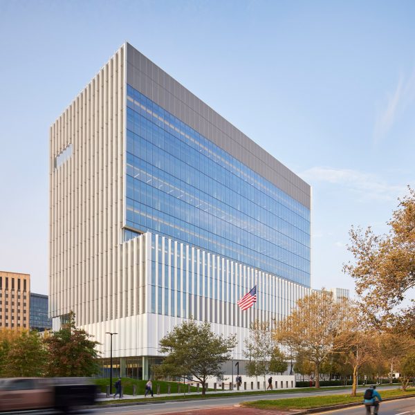 Aluminium building with glass facade and flag